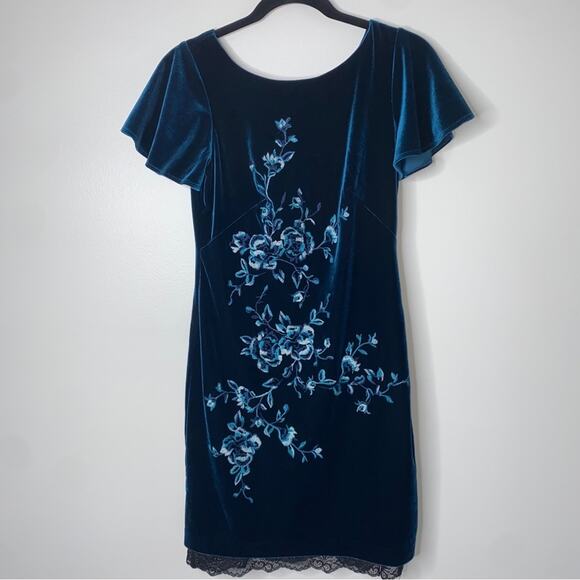 WHBM Teal Velvet Lace Trim Floral Embroidered Flounce Sleeve Dress XS Petite - Picture 2 of 11
